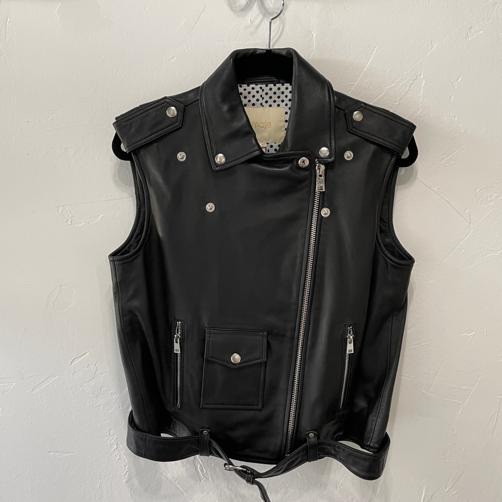 Women’s new Maje black Baldwin belted lamb leather moto vest size 40